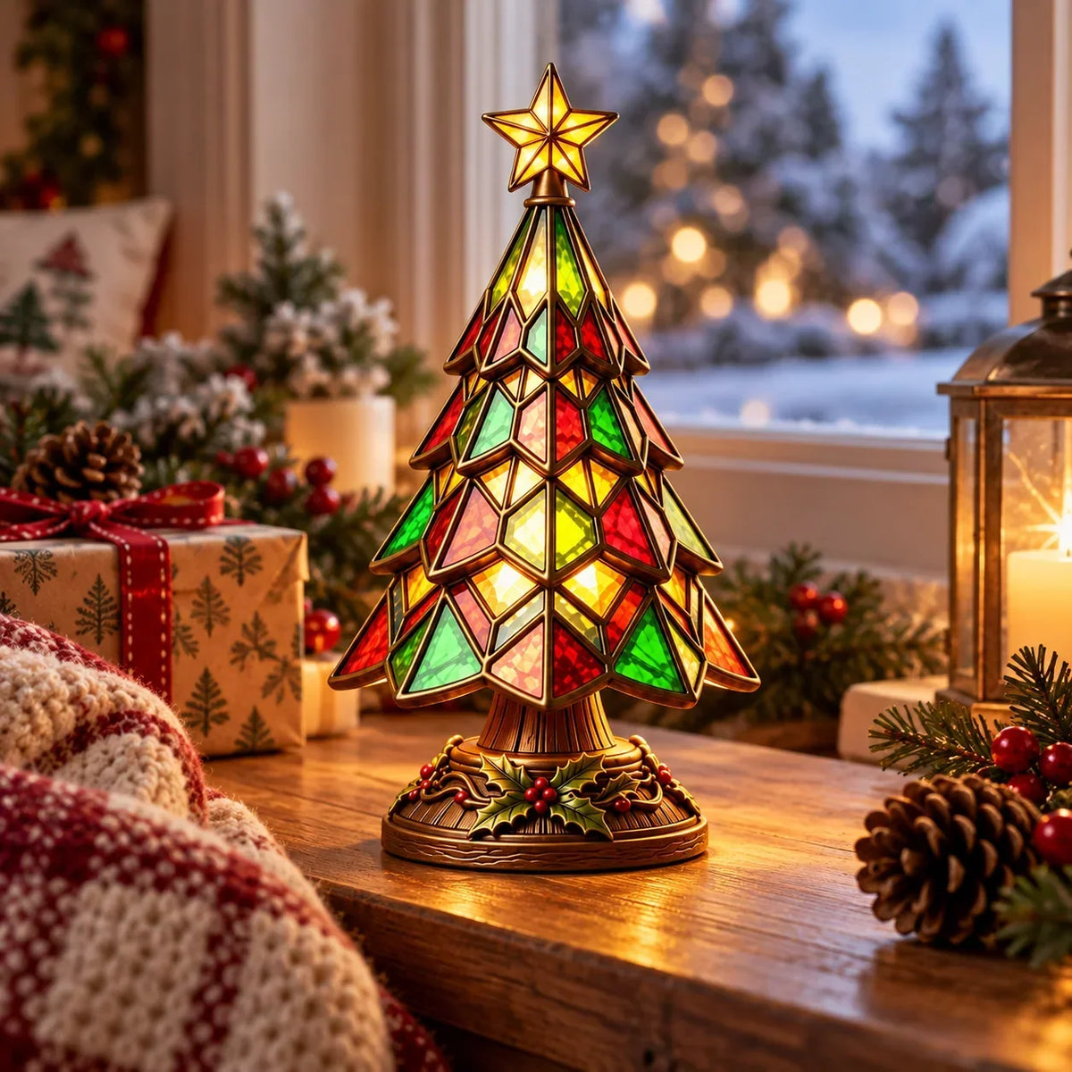 Lit tree lamp with a star on top, on a windowsill with snowy view and gift 2