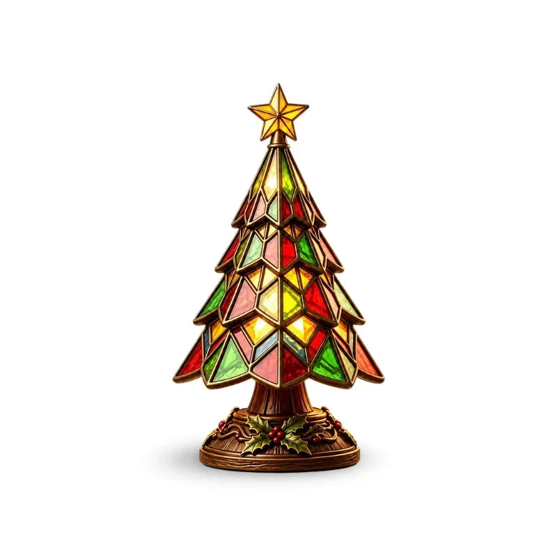 Tree lamp with red, green and yellow glass panels and holly base, on a plain white background 3