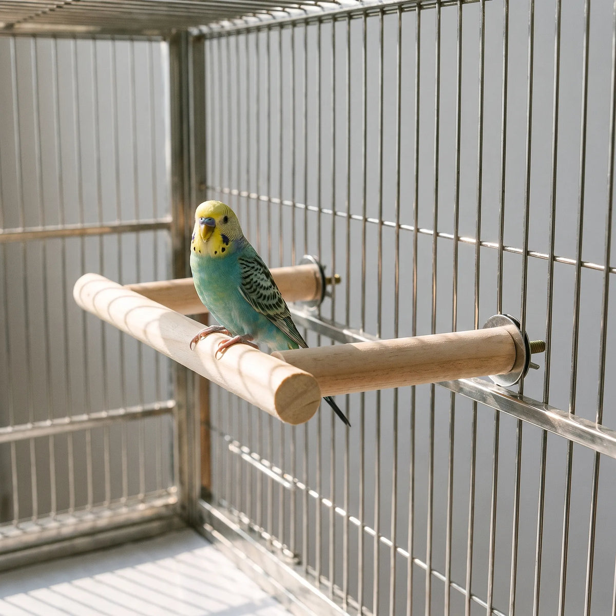 A blue and yellow budgerigar sitting on the wooden perch, which is bolted inside a wire cage. 2