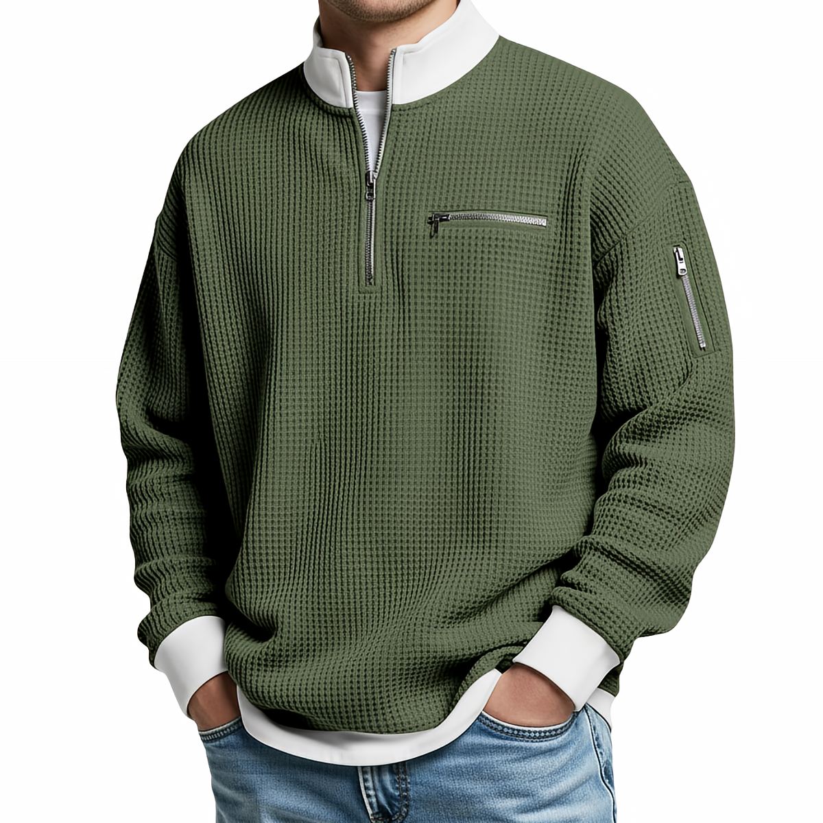 Men's Waffle-Knit Sweater with Quarter-Zip Collar 9