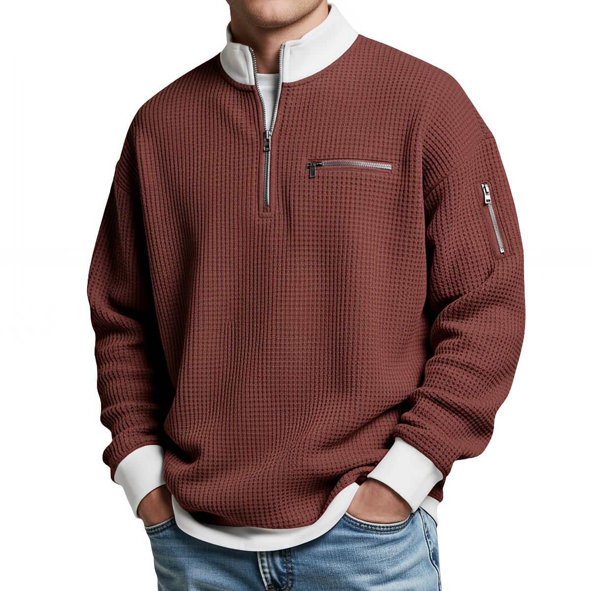 Men's Waffle-Knit Sweater with Quarter-Zip Collar 13