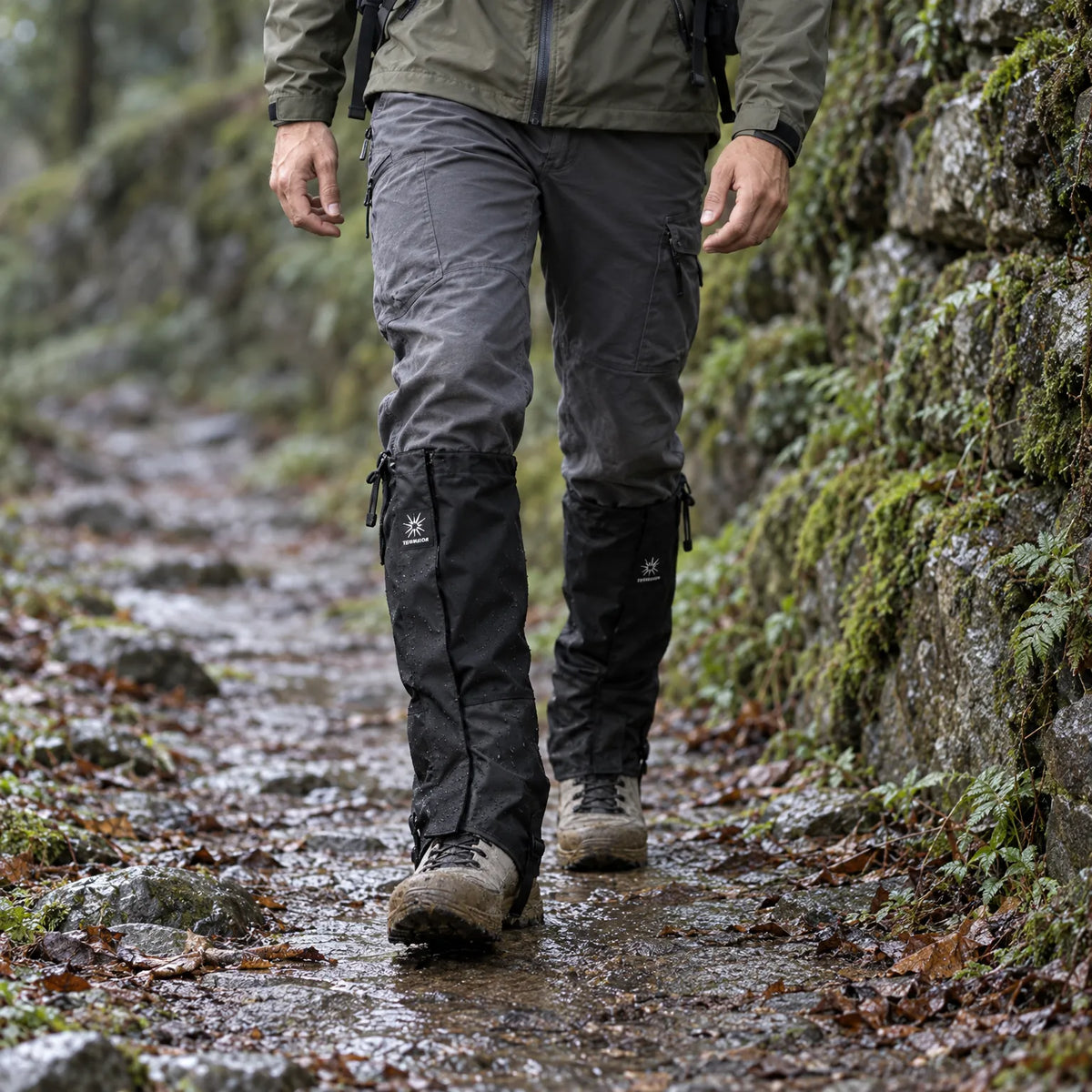 Walker in black gaiters on a wet, leafy trail, with rain beads on the fabric and mud-splashed boots. 3