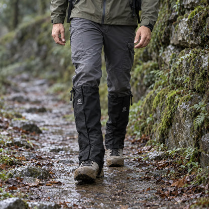Walker in black gaiters on a wet, leafy trail, with rain beads on the fabric and mud-splashed boots. 3