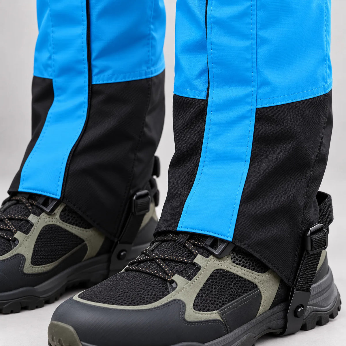 Close-up of blue and black gaiters at the ankle, showing the stitching, buckle and strap that hold them down over black boots. 5