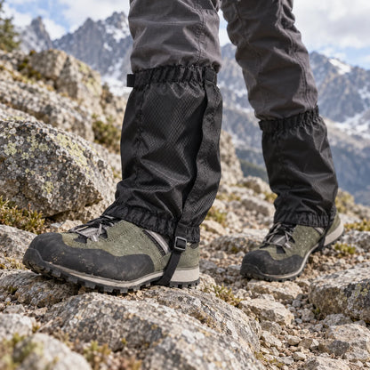 Black ripstop gaiters worn over hiking boots and trousers while walking across rocky mountain terrain with snow-capped peaks behind. 1