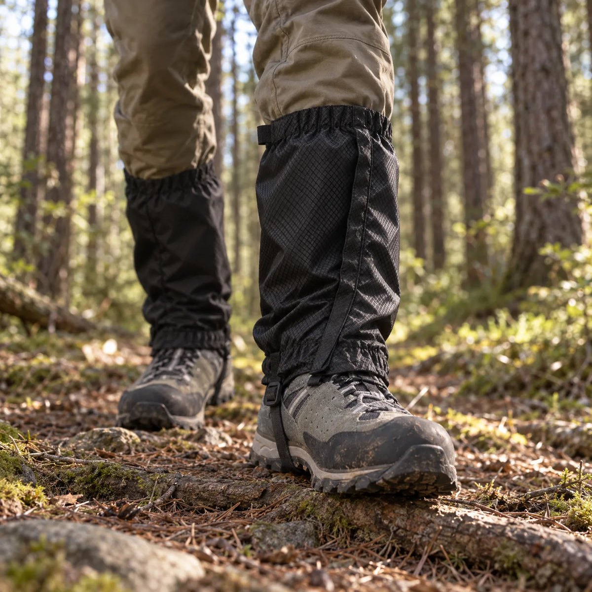 Low-angle view of black gaiters worn over muddy hiking boots on a forest trail among pine trees. 3