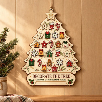 Tree-shaped wooden advent calendar hanging from twine on a panelled wall, with a pine sprig and pot in a cosy room setting. 1