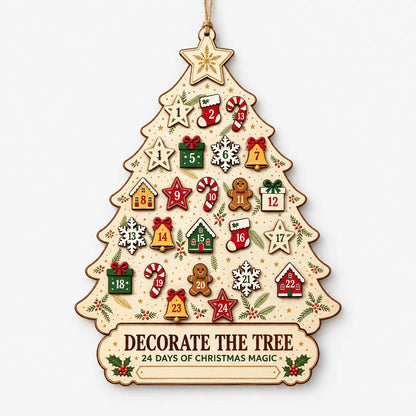 Front view of the tree-shaped wall calendar on a plain white background, showing numbered stockings, bells, stars, gingerbread men and gifts. 2