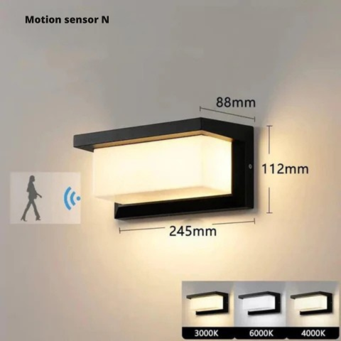 Diagram of the light showing its dimensions, a walking-figure motion sensor icon and three colour temperature options 7