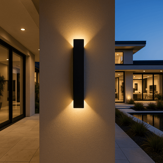 Black version of the slim wall light on the same textured pillar, glowing warmly above and below in the evening. 2