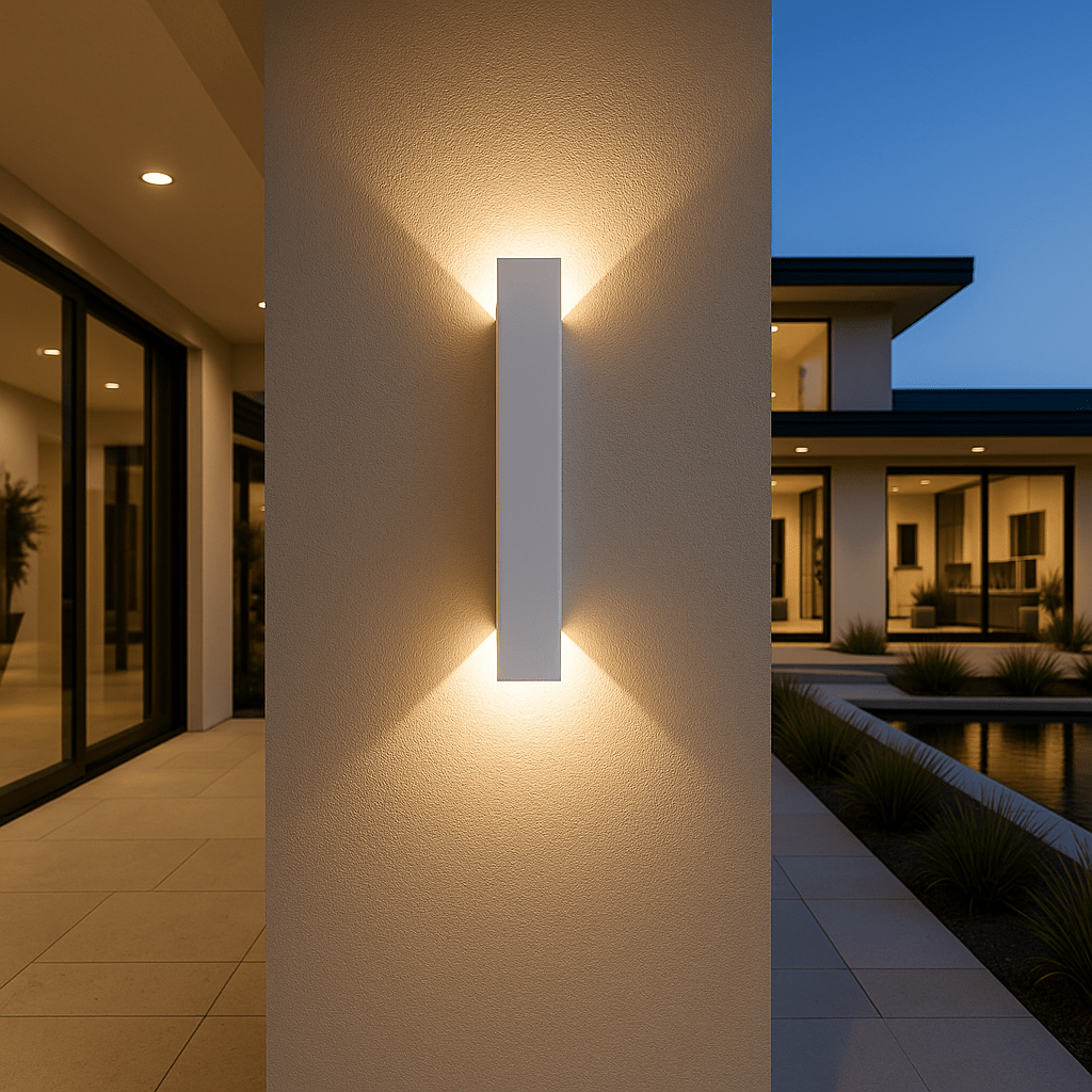 White slim wall light mounted on a textured rendered pillar at dusk, casting warm light up and down beside a modern house. 1