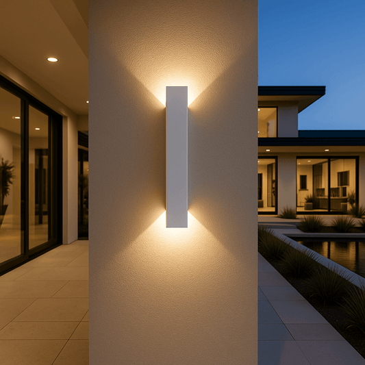 White slim wall light mounted on a textured rendered pillar at dusk, casting warm light up and down beside a modern house. 1