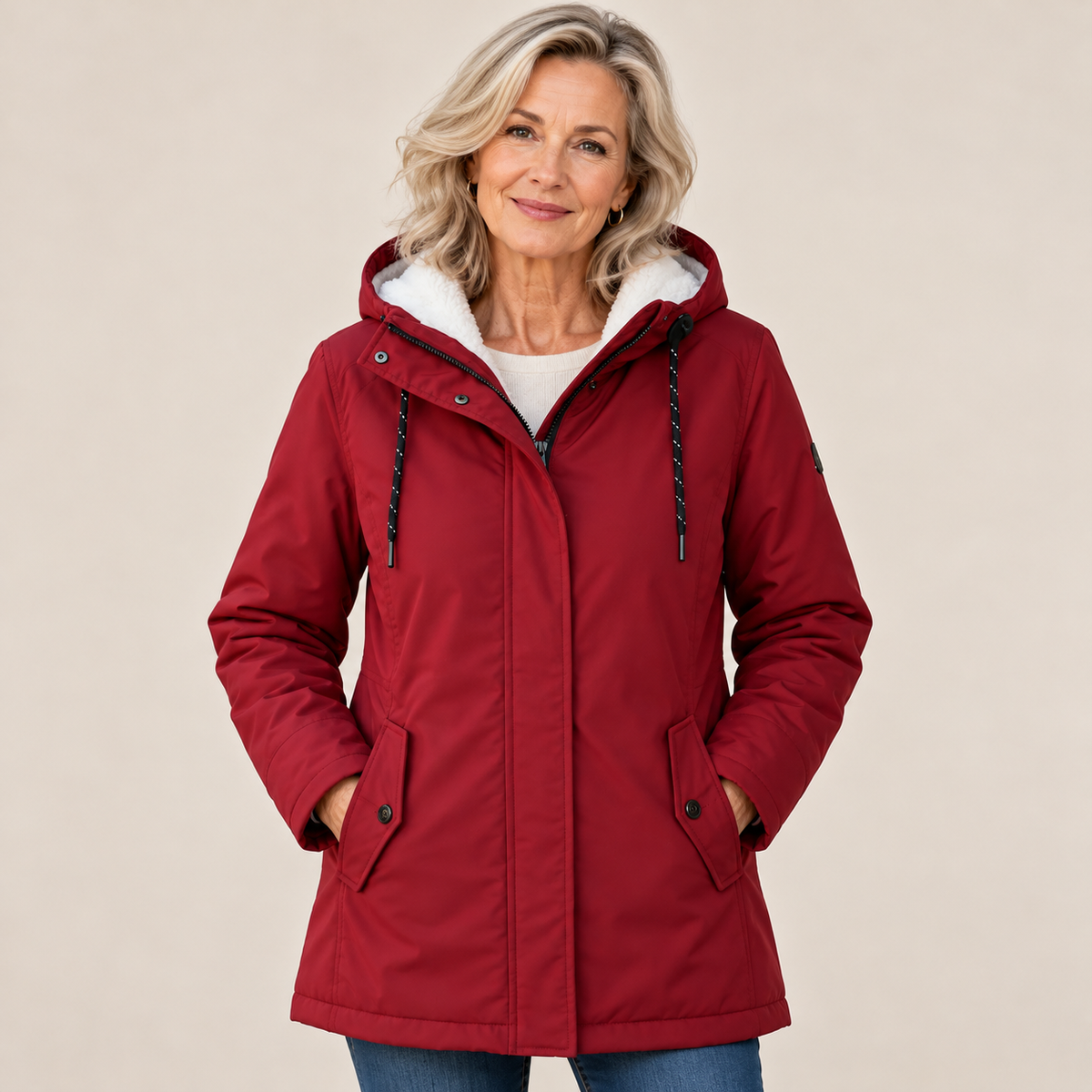 Smiling woman in a red hooded parka with white fleece lining, hands in pockets, against a plain backdrop 1