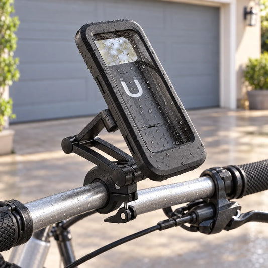 Black mount clamped to a bike handlebar outdoors, its clear window and frame beaded with water droplets in front of a garage. 1