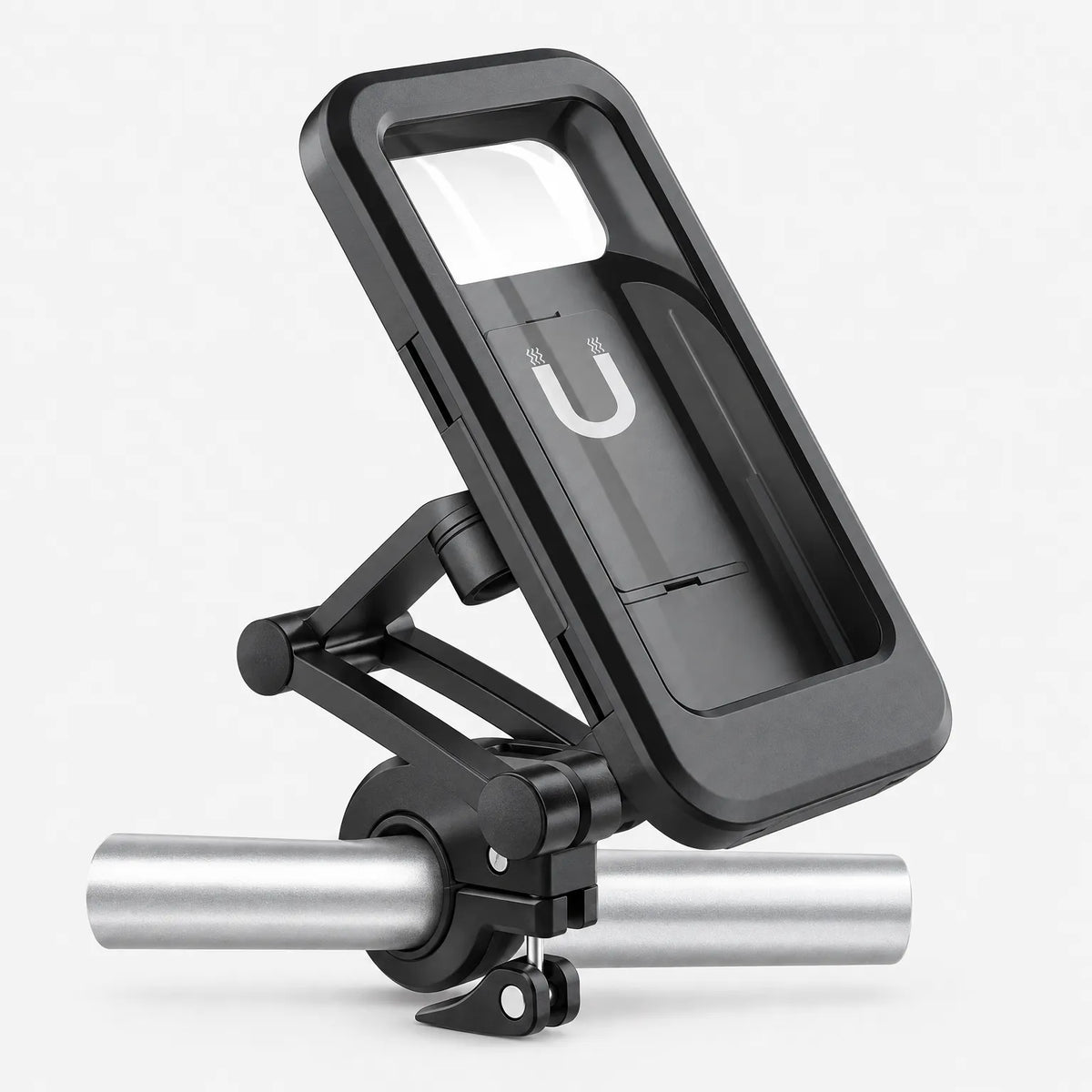 Black mount on a short silver handlebar section against a plain white background, shown from the side with the folding arm. 2