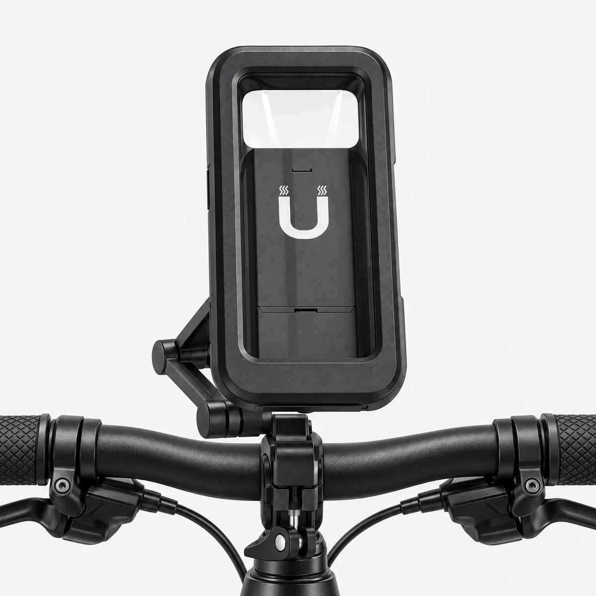Front view of the black mount fixed to the centre of a bike handlebar, with the folding arm visible behind. 4
