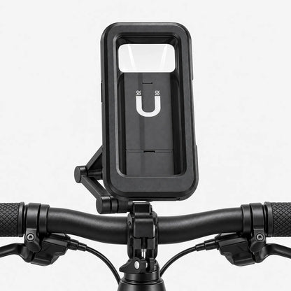 Front view of the black mount fixed to the centre of a bike handlebar, with the folding arm visible behind. 4