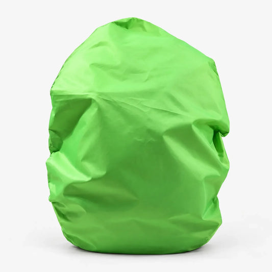 Bright green rucksack cover on its own against a plain white background, front view, slightly creased. 2