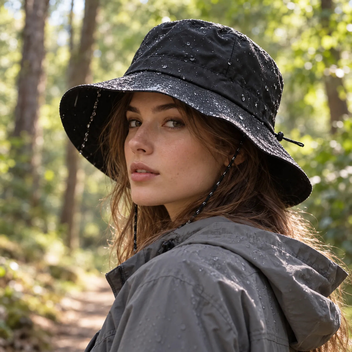Woman in a grey hooded jacket wears the black bucket hat on a woodland path, water droplets beading on the brim. 1