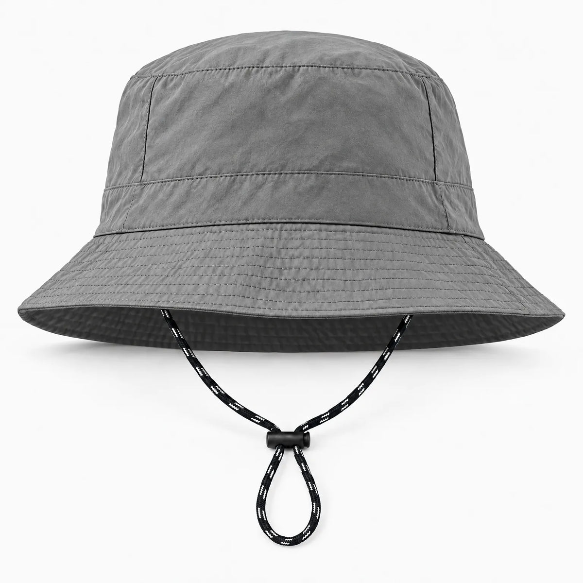 Front view of the grey bucket hat on white, showing the stitched brim and black-and-white drawcord with toggle. 10