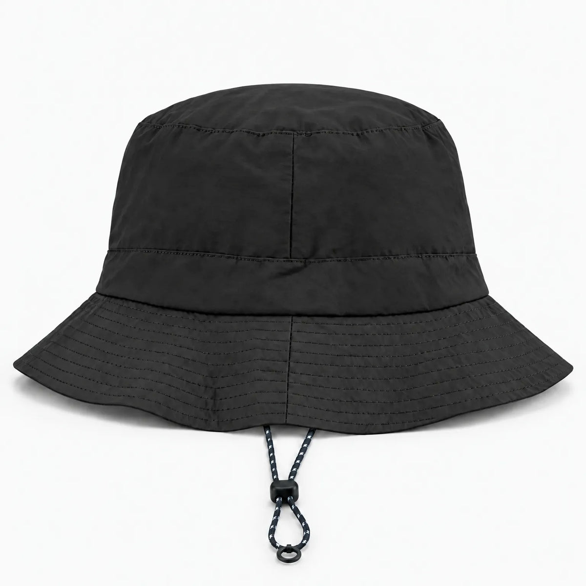 Black bucket hat seen from the side-back with a stitched brim and a short drawcord with toggle and ring at the front. 11