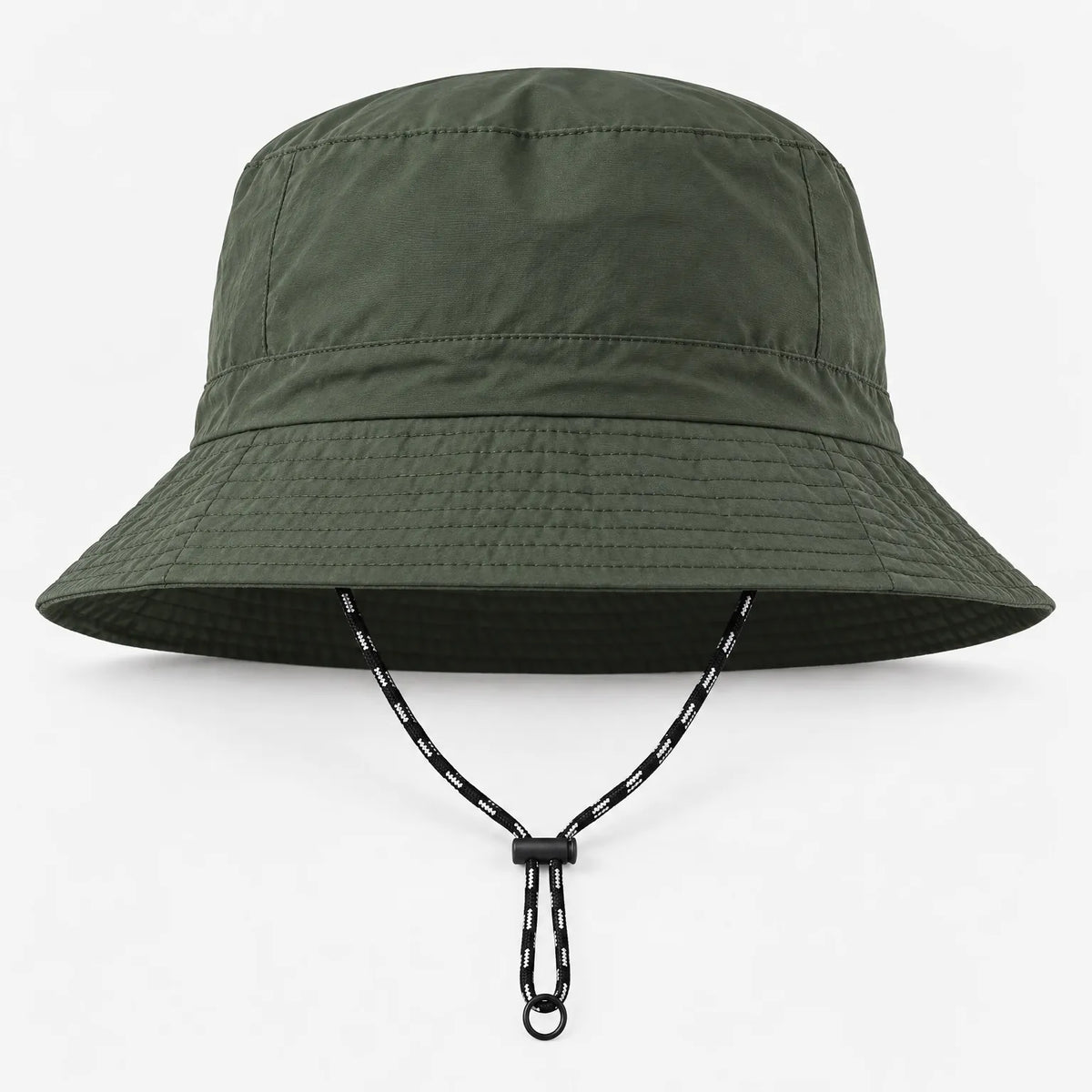 Front view of the olive green bucket hat with a stitched brim and a black-and-white drawcord looped below, toggle and ring visible. 12