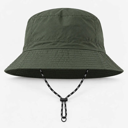 Front view of the olive green bucket hat with a stitched brim and a black-and-white drawcord looped below, toggle and ring visible. 12