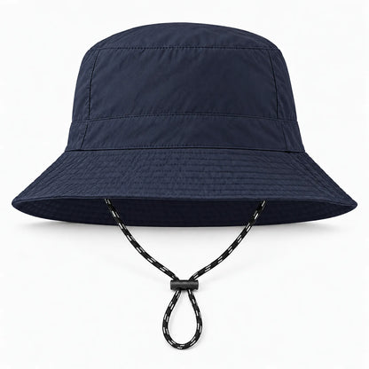 Front view of the navy bucket hat with a stitched brim and a black-and-white drawcord with toggle looped under the brim. 13