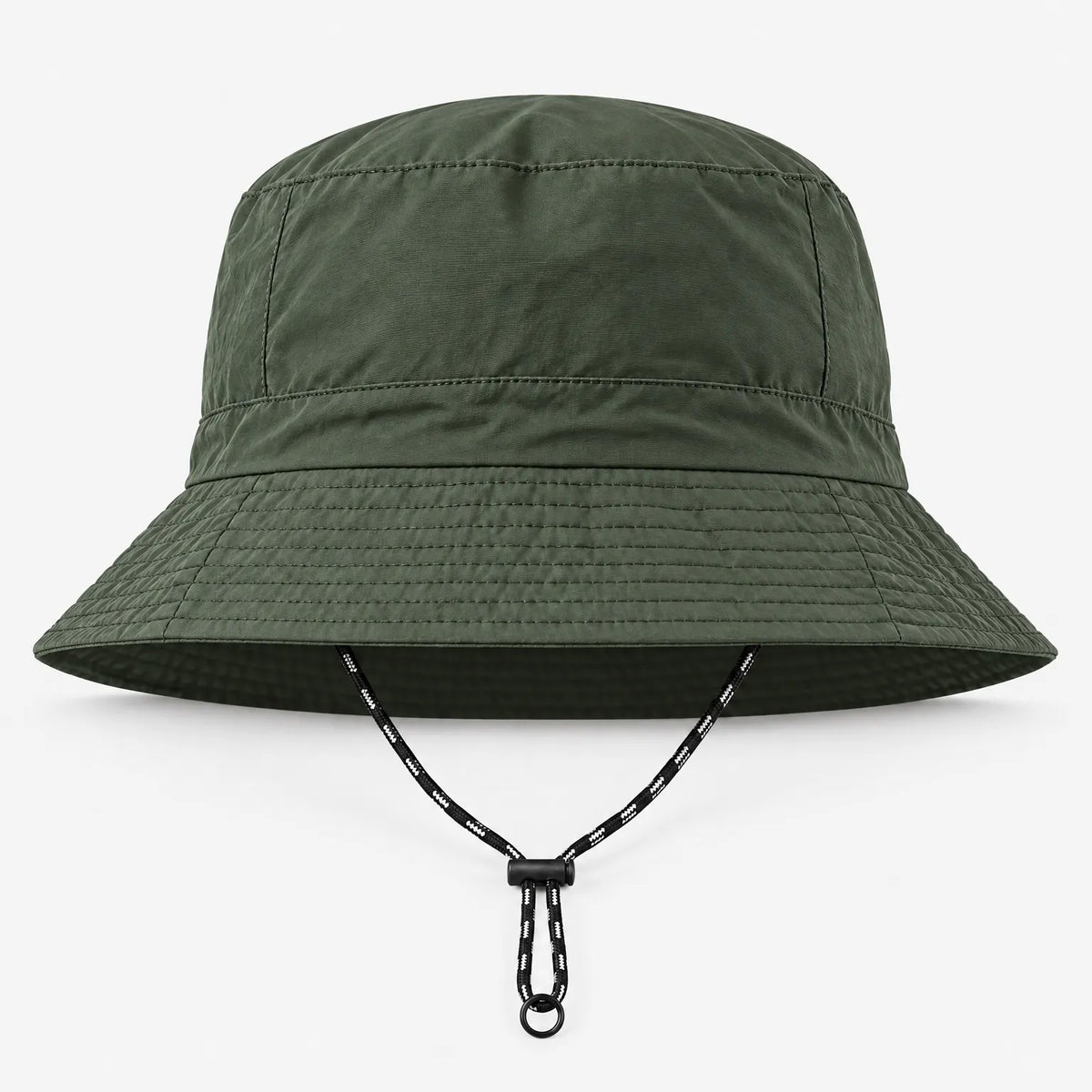 Front view of the dark olive green bucket hat with a stitched brim and black-and-white drawcord with toggle and ring. 4