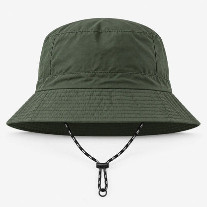 Front view of the dark olive green bucket hat with a stitched brim and black-and-white drawcord with toggle and ring. 4