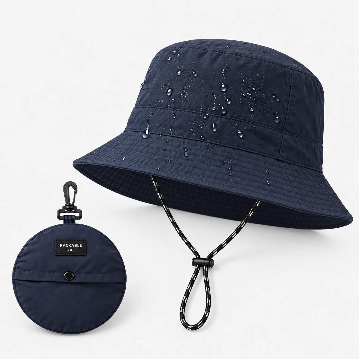 Navy bucket hat with water beading on the crown, shown beside its small round matching pouch with a clip, for packing away. 5
