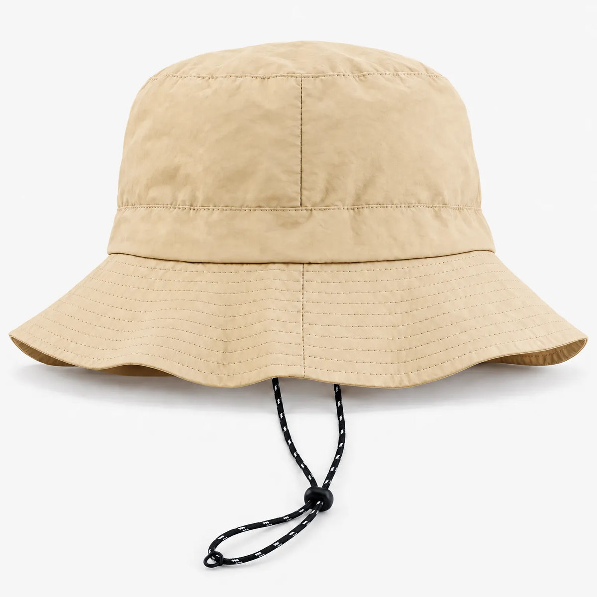 Sand-coloured bucket hat with a wide stitched brim and a black-and-white drawcord hanging below it, shown on a plain white background. 7