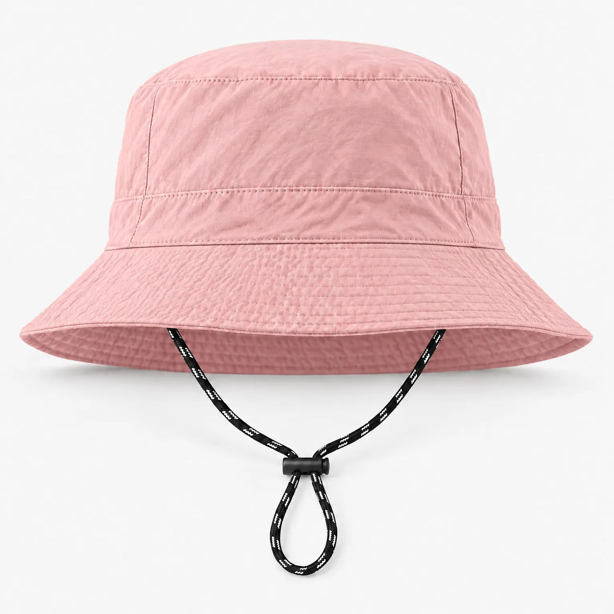 Front view of the pink bucket hat with a subtle ripstop texture and a black-and-white drawcord looped under the brim. 8