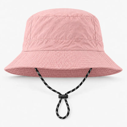 Front view of the pink bucket hat with a subtle ripstop texture and a black-and-white drawcord looped under the brim. 8