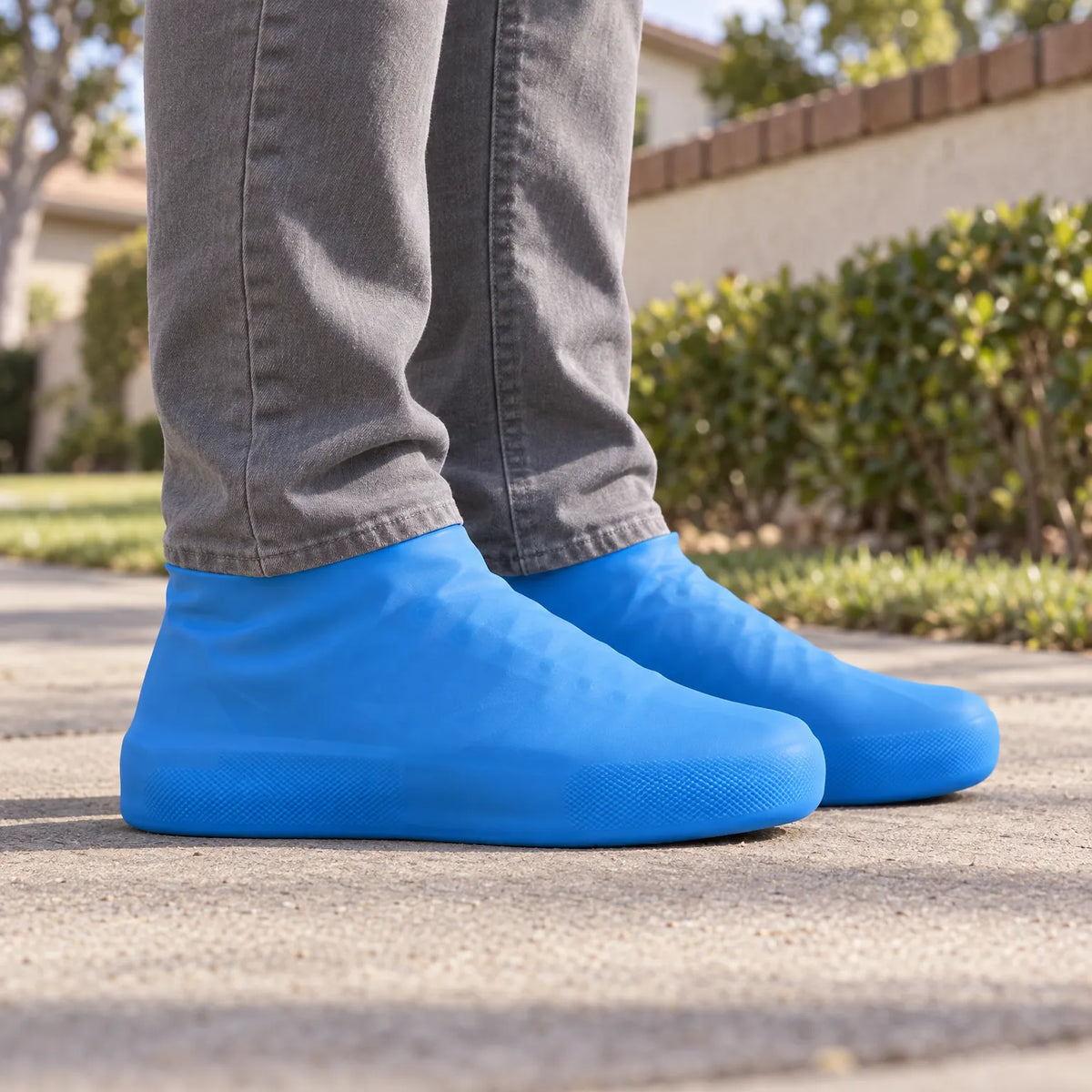 Blue stretchy shoe covers worn outdoors on a paved path, with grey jeans, hedges and a garden wall behind. 1