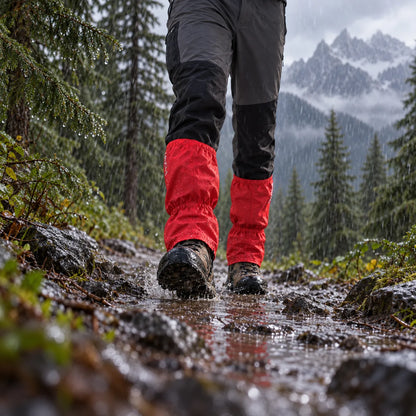 Low-angle view of red gaiters and hiking boots splashing along a rainy forest trail with misty mountains behind. 3
