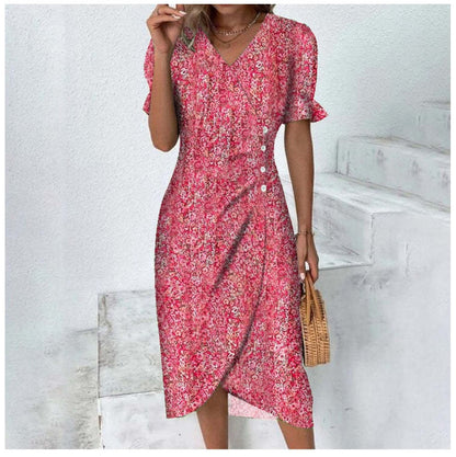 Autumnal button-front dress with V-neck & short sleeves – Luisa