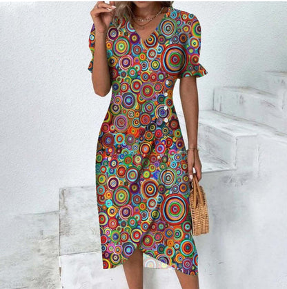Autumnal button-front dress with V-neck & short sleeves – Luisa