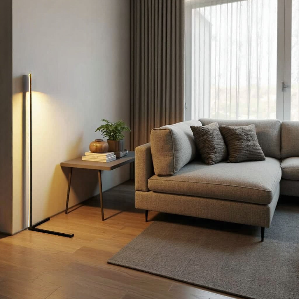 Lamp lit warm beside a small side table with books and a plant, near a grey corner sofa 6