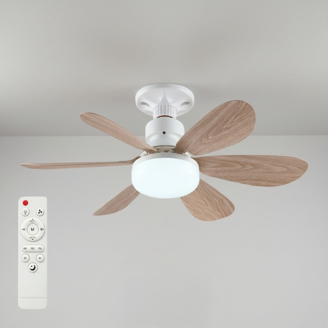 White ceiling fan with six wood-effect blades and round light, shown beside its white remote 1