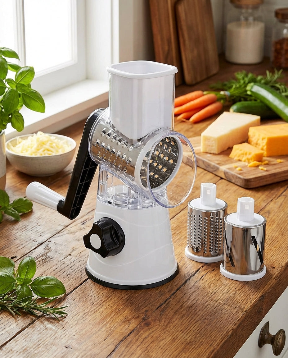 White and black rotary chopper on a wooden worktop with two spare steel drums, cheese, carrots and courgette nearby. 1
