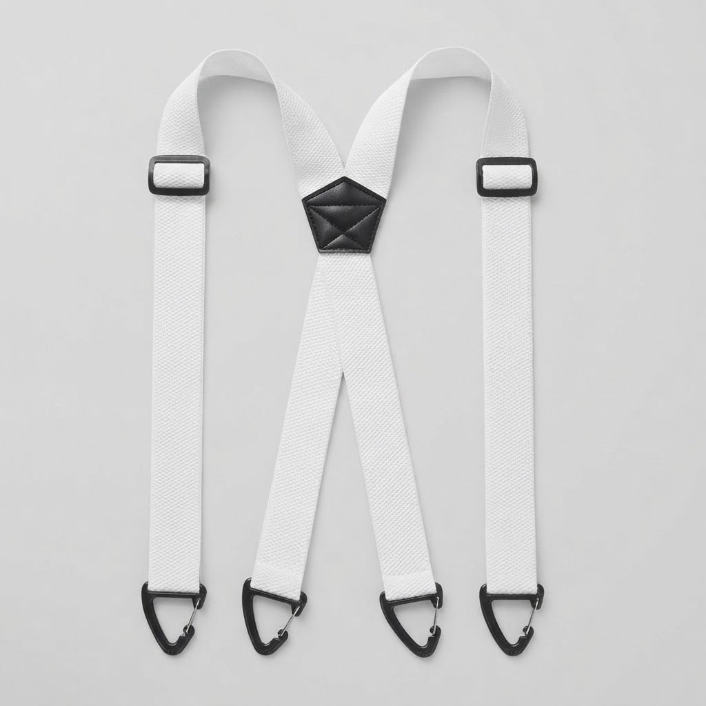 Flat lay of white X-shape braces with four clip hooks, slide adjusters and a black centre patch 9