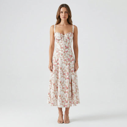 White Floral Dress Midi - Marah