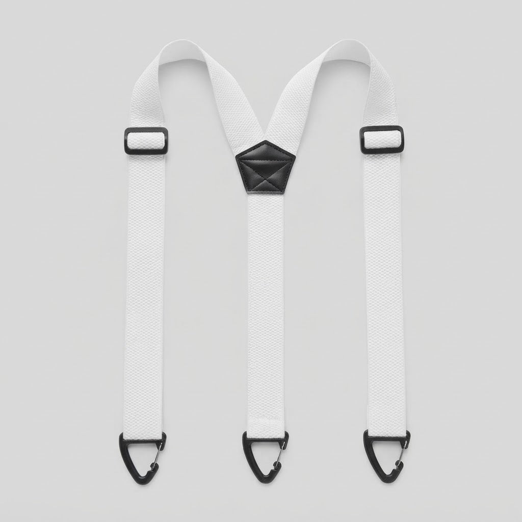 Flat lay of white Y-shape braces with three clip hooks, slide adjusters and a black patch 8