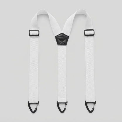 Flat lay of white Y-shape braces with three clip hooks, slide adjusters and a black patch 8