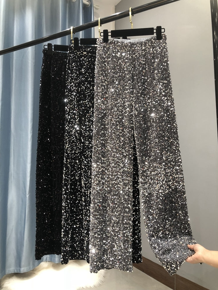 Wide-Leg Sequin Trousers Full Length - Molly
