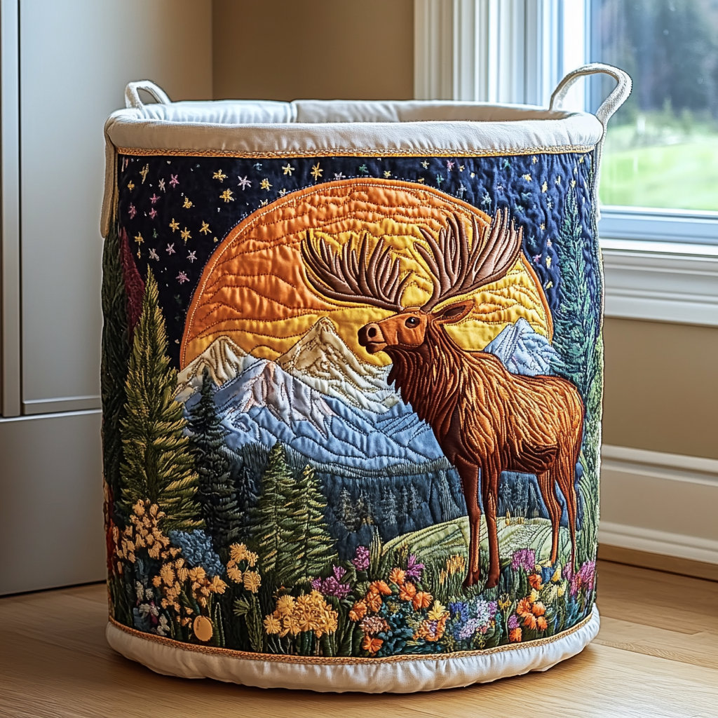 Quilted basket showing an embroidered moose before a large orange moon, snowy mountains, a starry sky and wildflowers. 8