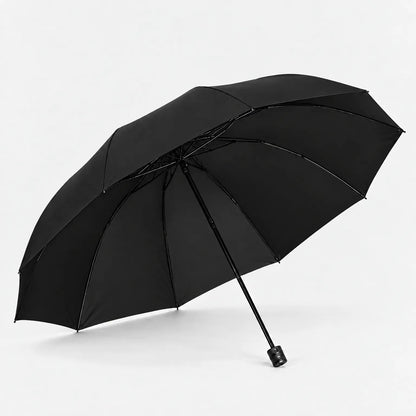 Open black umbrella seen from below at an angle, showing the ribs and plain handle against a white background. 5