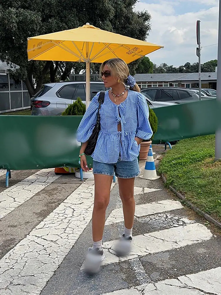 Checked women's blouse with puff sleeves – Maeve Autumn Magic Edition
