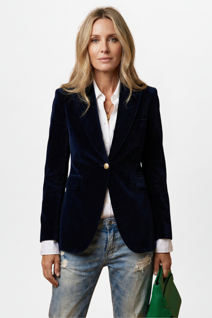 Model facing the camera in the navy velvet blazer, white shirt, distressed jeans and green handbag 2